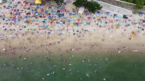 Aerial view of beach resort, so many people crowded, Gold Coast, Hong Kong Stock Footage 240552271