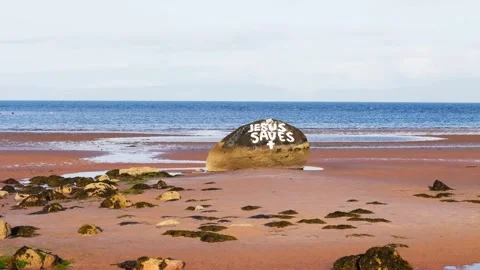 Aerial View, Beach Rock Painted With Jesus Saves Message 库存影片 337781254