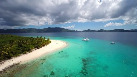 Aerial view of the beach at Sandy Cay, British Virgin Islands Video stock 69749144