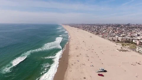 AERIAL VIEW OF BEACH IN THE SUMMER TIME 4K DRONE FOOTAGE IN REDONDO BEACH Stock Footage