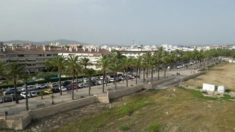 Aerial view of the beach in Vilanova i la Geltrú, in the province of Barcelona  Stock Footage 262488134