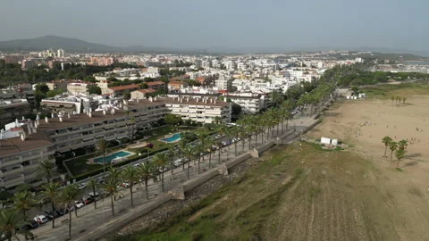 Aerial view of the beach in Vilanova i la Geltrú, in the province of Barcelona,  Stock Footage 262496576