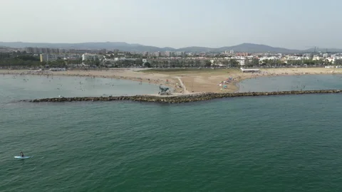 Aerial view of the beach in Vilanova i la Geltrú, in the province of Barcelona  Stock Footage 262496889