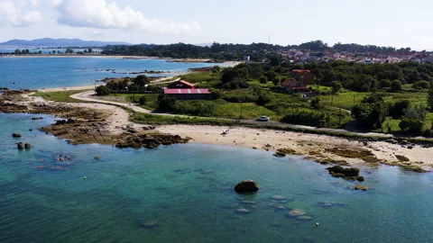 Aerial view of the beaches of the Ria de Arousa, Galicia, Spain. Stock Footage 238387601