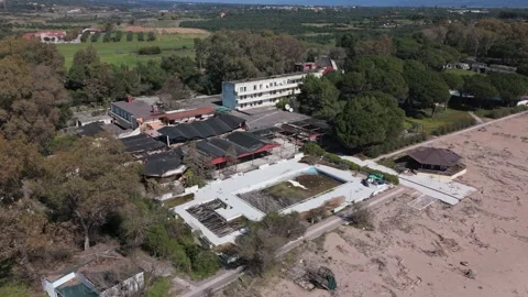 Aerial View of Beachfront Hotel Complex and Empty Pool Near Kalamata Stock-Footage 330964487