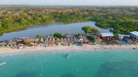 Aerial View of Beachfront Huts in Baru, Colombia Stock Footage 330449214