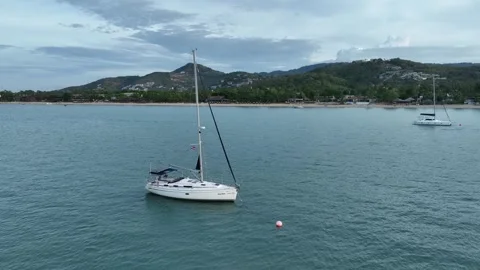 Aerial view of beachfront  landscape of Koh samui with boat on the sea Stock-Footage 266797380