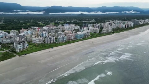 Aerial View of Beachfront Skyline, Sandy Shore and Andean Mountains, Brazil Vídeos de archivo 334614276