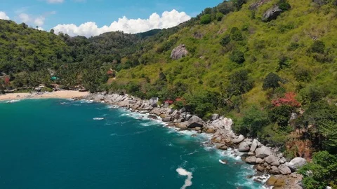 Aerial view of beautiful beach, clear turquoise sea, ocean and green tropical Stock Footage 110858837