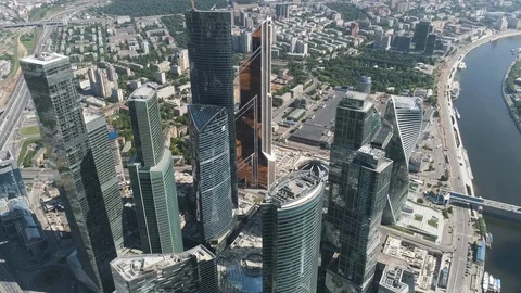 Aerial view of beautiful complex of modern glass office buildings, Moscow city Vídeo Stock 109594223