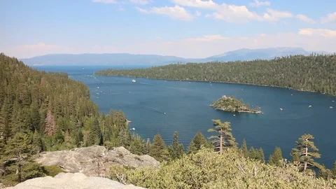 Aerial view at Beautiful Emerald Bay in Lake Tahoe located between California an Video stock 97372437