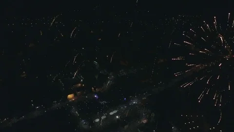 Aerial view beautiful fireworks show in the night sky 4k Stock Footage 75166367