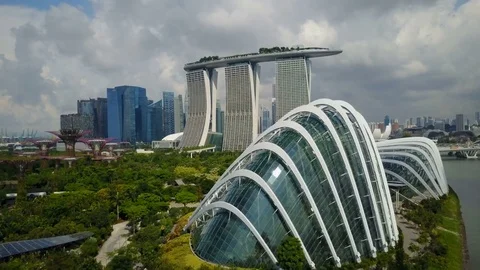 Aerial view of beautiful glass structures and botanical gardens Singapore Stock-Footage 78584879
