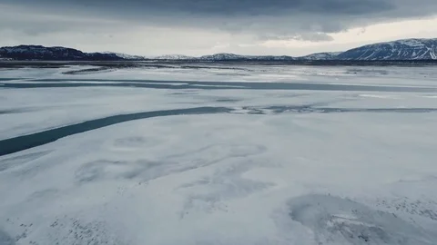 Aerial View Of Beautiful Lake With Ice In Winter Iceland 6 Stock Footage 87256341