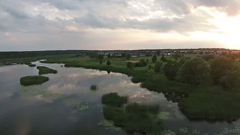 Aerial view of beautiful lake at sunset Stock Footage