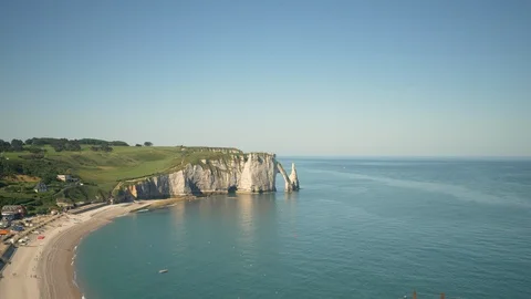 Aerial view of beautiful limestone cliffs Aval of Etretat coastline. Normandy Stock Footage 102125185