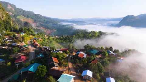 Aerial view of the beautiful morning mist over the mountain Stock Footage 294771553
