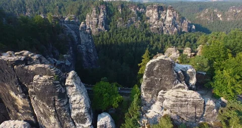 Aerial view a beautiful panoramic view of Bastai next to the river. Germany Stock Footage 88146149