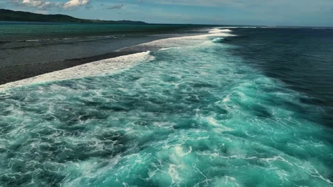 Aerial view of beautiful reef and waves in serene ocean, Fiji. Stock Footage 345228477