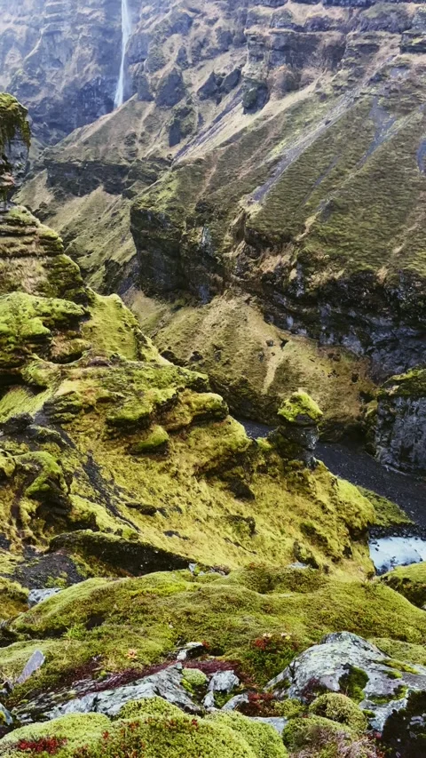 Aerial view beautiful of rugged moss Fjadrargjufur canyon with Fjadra flowing Video stock 330126448