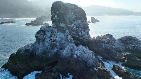 Aerial View of a Beautiful Sea Stack Off the Coast of Oregon Stock Footage 283754609