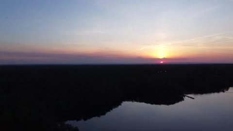Aerial view of beautiful sunset over Burke Lake, Virginia Stock Footage 341160139