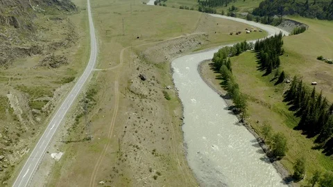 Aerial view, Beautiful view of mountain river in solar day in the Altai Stock Footage 113621890