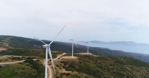Aerial View. Beautiful windmill turbines , wind energy turbines . Aerial drone Stock Footage 101397782