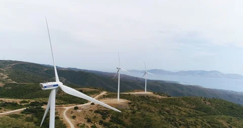 Aerial View. Beautiful windmill turbines , wind energy turbines . Aerial drone Stock Footage 101398096