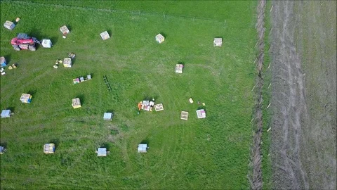 Aerial view of a beekeeper around his hives Stock Footage 88818569