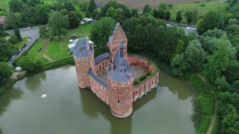 Aerial View Of Beersel Medieval Brick Castle Water Moat Architecture Belgium Stock Footage 343584326
