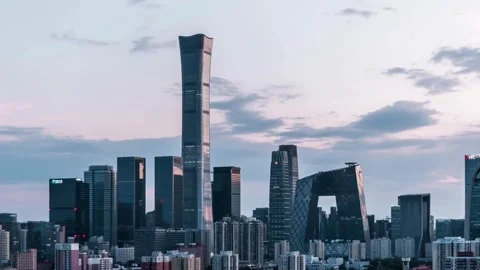 Aerial View of Beijing CBD Skyline and China Zun Tower at Dusk Stock Footage 334817245