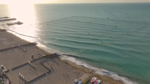 Aerial View: Belek hosts an exciting Ironman triathlon as athletes swim, bike Stock Footage 296149018