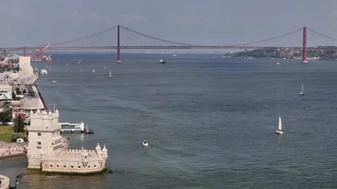 Aerial view of Belem Tower and Ponte 25 de Abril, Portugal. Stock Footage 340607171