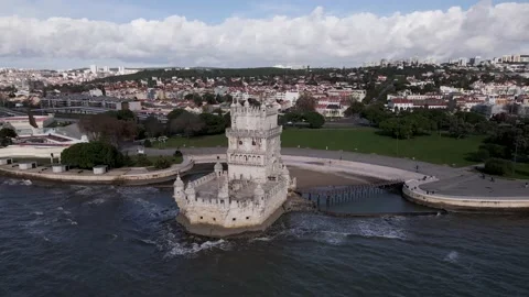 Aerial view of Belem Tower, Lisbon, Portugal. Stock Footage 152744629
