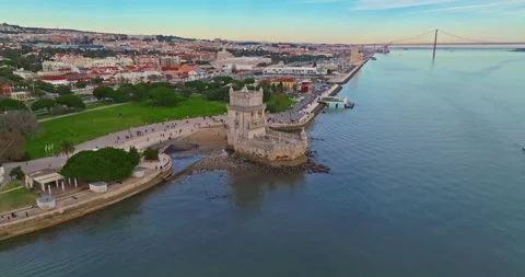 Aerial view of Belem Tower in Lisbon. Medieval building, touristic landmark Video stock 311115889