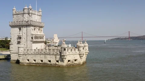 Aerial view belem tower river and bridge in lisbon Stock Footage 118888867