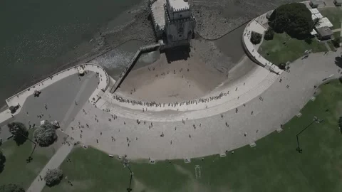 Aerial view of Belem Tower on Tagus river in Lisbon, Portugal Evening time Stock Footage 283501659