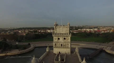 Aerial view of Belem Tower - Torre de Belem - in Lisbon, Portugal Stock Footage 58800757