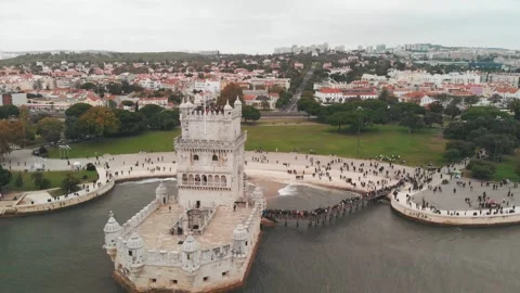 Aerial view of Belem Tower (Torre de Belem), Lisbon, Portugal Stock Footage 334522427