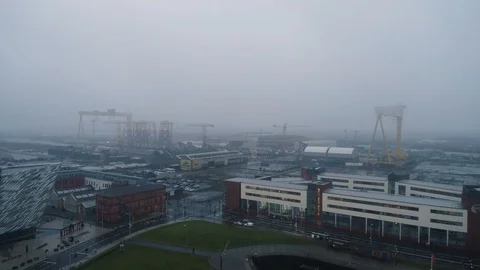 Aerial view of Belfast Harland And Wolf Ship Yard cranes, drone aerial 4K Stock Footage