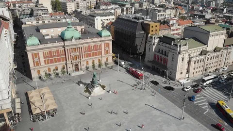 Aerial View of Belgrade's main square, National Museum, Theater buildings and Stock Footage 120124738