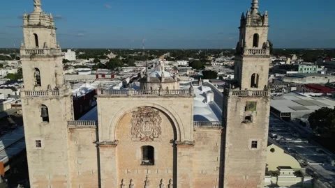 Aerial view of bell tower facade of Catholic Tabernacle in Merida, MX Stock Footage 279122882