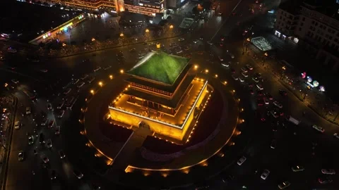 Aerial view of the Bell Tower at night in Xi'an, China on 26 Sep. 2024 Stock Footage 296970858