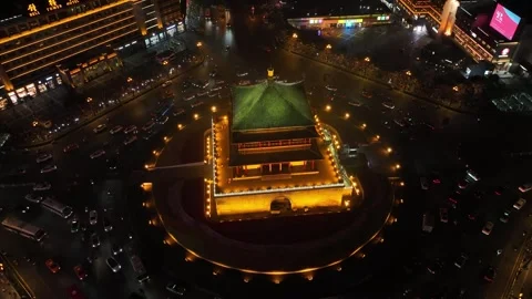 Aerial view of the Bell Tower at night in Xi'an, China. 26 Sept. 2024 Stock Footage 296971199