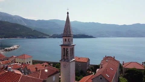 Aerial view of bell tower of Saint Ivan Church Stock Footage 208077276