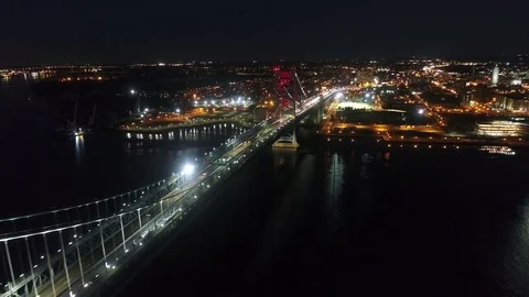 Aerial View of Ben Franklin Bridge Philadelphia  at Night Stock Footage 80796411
