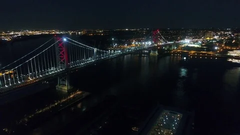 Aerial View of Ben Franklin Bridge Philadelphia  at Night Stock Footage 80796416