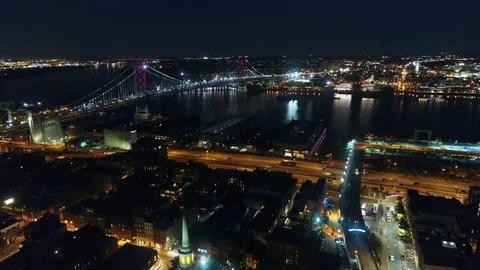 Aerial View of Ben Franklin Bridge Philadelphia  at Night Stock Footage 80796421