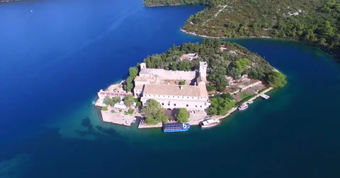 Aerial view of Benedictine monastery on Mjlet island, Croatia Stock Footage